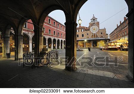 Stock Image - "Fabbriche Vecchie, overlooking the Campo San Giacomo and the church of San Giacomo di Rialto, San Polo, Venice, Venezia, Venetien, Italy, Europe". Fotosearch