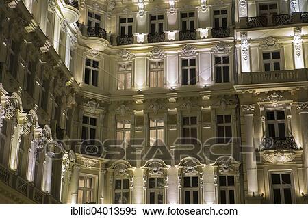 Stock Photography - "Facade, Hotel Pupp, 19th century, at night, Karlovy Vary, Czech Republic, Europe". Fotosearch