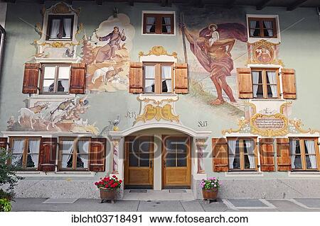 "Facade of a restaurant with lueftlmalerei traditional murals, Mittenwald, Werdenfelser Land, Upper Bavaria, Bavaria, Germany, Europe" View Large Photo Image Stock Image - "Facade of a restaurant with lueftlmalerei traditional murals, Mittenwald, Werdenfelser Land, Upper Bavaria, Bavaria, Germany, Europe". Fotosearch
