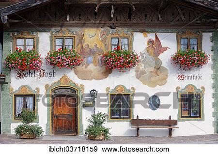 "Facade of Hotel Post with lueftlmalerei, traditional murals, Wallgau, Garmisch-Partenkirchen District, Upper Bavaria, Bayern, Germany, Europe" View Large Photo Image Stock Photo - "Facade of Hotel Post with lueftlmalerei, traditional murals, Wallgau, Garmisch-Partenkirchen District, Upper Bavaria, Bayern, Germany, Europe". Fotosearch