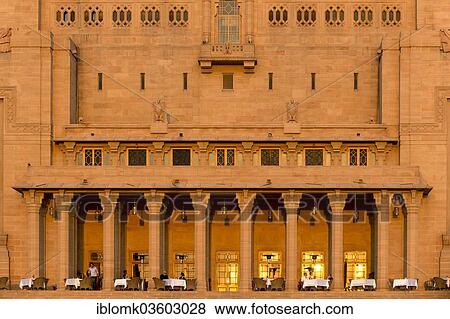 Stock Photo - "Facade of the garden side with a restaurant, Palace Hotel, Umaid Bhawan Palace in the evening light, Jodhpur, Rajasthan, India, Asia". Fotosearch