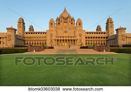 Stock Photo - "Facade of the garden side with a restaurant, Palace Hotel, Umaid Bhawan Palace in the evening light, Jodhpur, Rajasthan, India, Asia". Fotosearch
