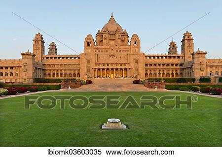"Facade of the garden side with a restaurant, Palace Hotel, Umaid Bhawan Palace in the evening light, Jodhpur, Rajasthan, India, Asia" View Large Photo Image Stock Photography - "Facade of the garden side with a restaurant, Palace Hotel, Umaid Bhawan Palace in the evening light, Jodhpur, Rajasthan, India, Asia". Fotosearch