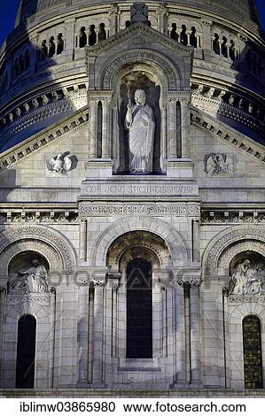 Stock Image - "Facade, Pilgrimage Church of Sacre-Coeur de Montmartre at dusk, Paris, Ile-de-France, France, Europe". Fotosearch