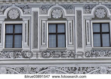 "Facade with sgraffito or sgraffiti, town house, Renaissance, UNESCO World Heritage Site, main square, historic centre, Telc, Vysocina Region, Czech Republic, Europe" View Large Photo Image Stock Photo - "Facade with sgraffito or sgraffiti, town house, Renaissance, UNESCO World Heritage Site, main square, historic centre, Telc, Vysocina Region, Czech Republic, Europe". Fotosearch