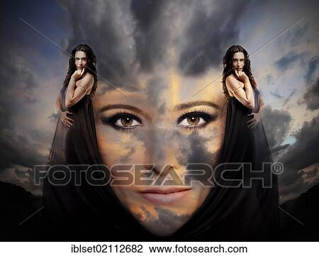 "Face of a young woman, sky with clouds, composing, experimental portrait" View Large Photo Image Stock Image - "Face of a young woman, sky with clouds, composing, experimental portrait". Fotosearch