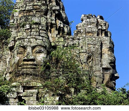 Stock Photo - "Face-tower on the west gate of Angkor Thom, Angkor Thom, Siem Reap Province, Cambodia, Asia". Fotosearch