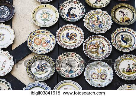 Stock Photography - "Faience ware, typical painted earthenware plates, Quimper, Brittany, France, Europe". Fotosearch