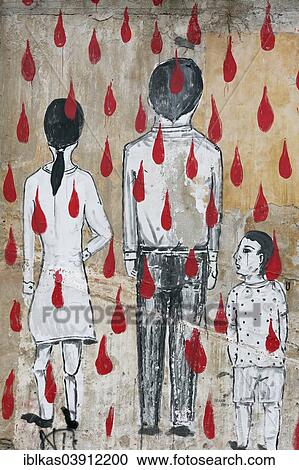 Stock Image - "Family in a rain of blood drops, symbolic mural, historic centre, Palermo, Province of Palermo, Sicily, Italy, Europe". Fotosearch