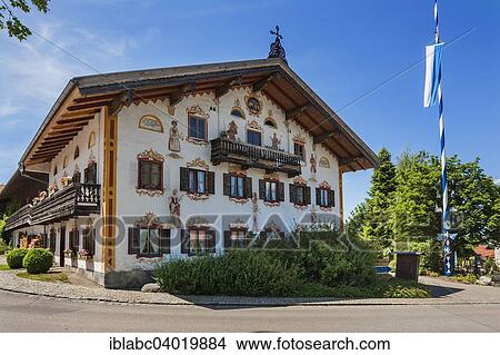 "Farm with Luftlmalerei murals and maypole in Endlhausen, Bavaria, Germany, Europe" View Large Photo Image Picture - "Farm with Luftlmalerei murals and maypole in Endlhausen, Bavaria, Germany, Europe". Fotosearch