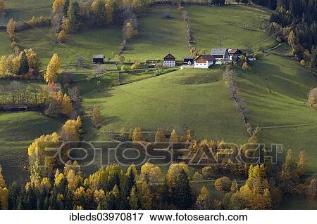 Stock Photo - "Farms in the Liesertal valley, at Kremsbrucke, Carinthia, Austria, Europe". Fotosearch