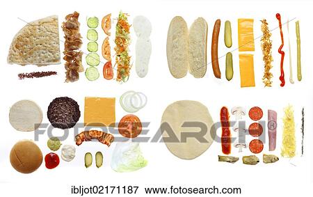 "Fast food, ingredients for a doner kebab in pita bread, a hot dog, a hamburger with cheese and bacon, a pizza" View Large Photo Image Stock Photo - "Fast food, ingredients for a doner kebab in pita bread, a hot dog, a hamburger with cheese and bacon, a pizza". Fotosearch
