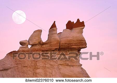 "Fatali Hoodoos at moonrise, eroded hoodoos and rock formations of the Blue Mosquito Canyon, discoloured by minerals, Coal Mine Mesa, Painted Desert, Hopi Reservation, Navajo Nation Reservation, Arizona, Southwestern USA, USA, composite" View Large Photo Image Stock Image - "Fatali Hoodoos at moonrise, eroded hoodoos and rock formations of the Blue Mosquito Canyon, discoloured by minerals, Coal Mine Mesa, Painted Desert, Hopi Reservation, Navajo Nation Reservation, Arizona, Southwestern USA, USA, composite". Fotosearch