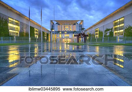 Stock Photography - "Federal Chancellery at the blue hour, with reflection, Government District, Berlin, Berlin, Germany, Europe". Fotosearch