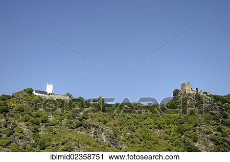 Stock Image - "Feindlichen Brueder, castles of the so-called Adversarial Brothers, Burg Sterrenberg Castle and Burg Liebenstein Castle, UNESCO World Cultural Heritage Site Upper Middle Rhine Valley, Rhein-Lahn-Kreis district, Rhineland-Palatinate, Germany, Europe". Fotosearch