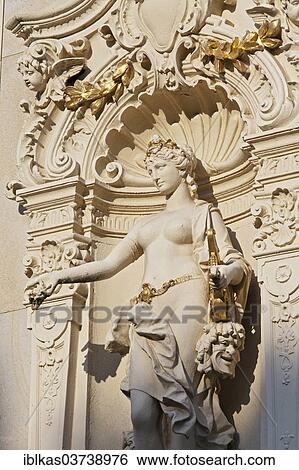 Stock Photograph - "Female figure with a theatre mask, Neo-Baroque sculptural decoration, New Colonnade, Nova kolonada, Marianske Lazne, Karlovy Vary Region, Bohemia, Czech Republic, Europe". Fotosearch