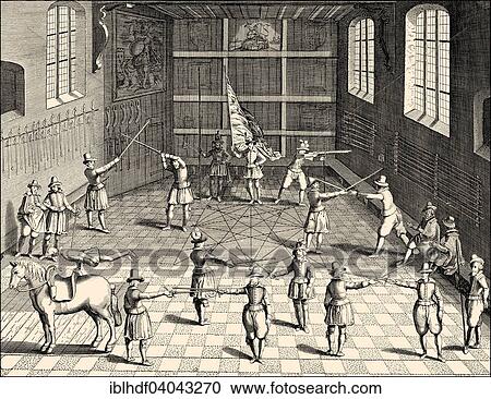 Stock Image - "Fencing hall, University of Leyden, 17th century, historical illustration, The Netherlands, Europe". Fotosearch