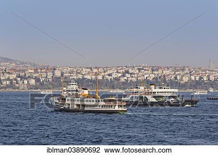 Stock Image - "Ferries on the Bosphorus, view from Galata Bridge to the Uskudar district, Istanbul, Turkey, Asia". Fotosearch