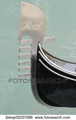 Stock Photo - "Ferro with metal teeth, metal design at the prow, gondola, Venice, Venezia, Veneto, Italy, Europe". Fotosearch