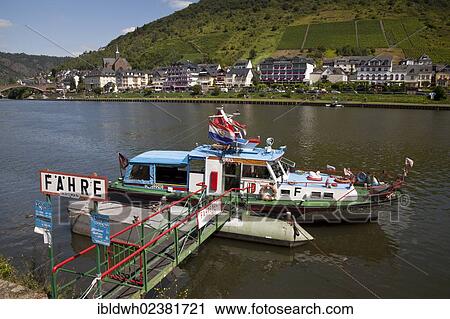 Stock Image - "Ferry and Cond district on the Moselle river, Cochem, Mosellele, Rhineland-Palatinate, Germany, Europe, PublicGround, Europe". Fotosearch
