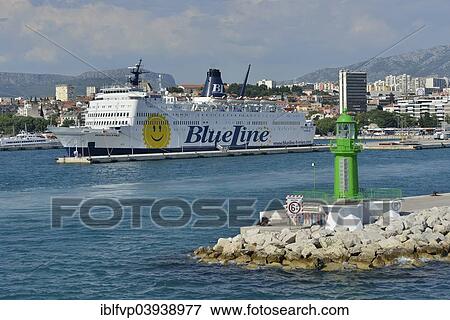 "Ferry of the Blue Line shipping company, in the port of Split, Split-Dalmatia County, Croatia, Europe" View Large Photo Image Stock Photo - "Ferry of the Blue Line shipping company, in the port of Split, Split-Dalmatia County, Croatia, Europe". Fotosearch