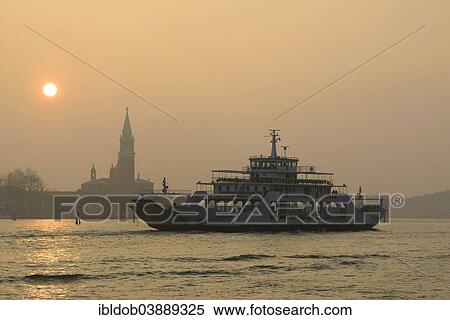 Stock Photography - "Ferry on the Bacino San Marco in front of the church of San Giorgio Maggiore, Venice, Veneto, Italy, Europe". Fotosearch