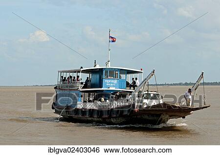 Stock Photograph - "Ferry on the Mekong river near Phnom Penh, Cambodia, Southeast Asia, Asia". Fotosearch