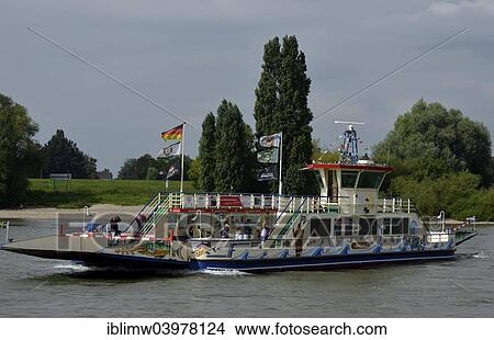 Picture - "Ferry on the Rhine between Dusseldorf-Kaiserwerth and Meerbusch Langst-Kierst, North Rhine-Westphalia, Germany, Europe". Fotosearch