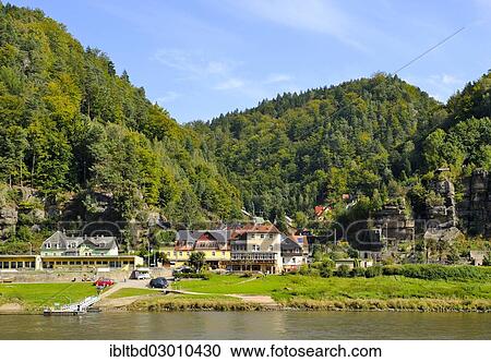 Stock Image - "Ferry station, Schmilka-Hirschmuehle, Saxon Switzerland, Schmilka, Saxony, Germany, Europe". Fotosearch