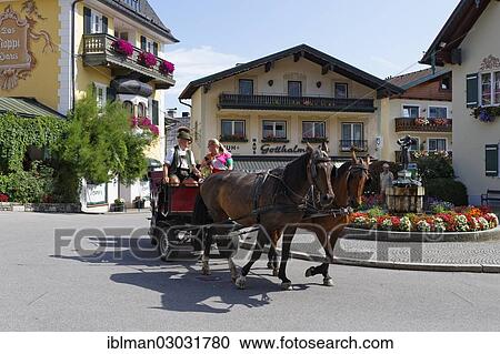 Stock Image - "Fiacre, horse-drawn carriage, Sankt Gilgen, Salzkammergut, Salzburg State, Austria, Europe". Fotosearch