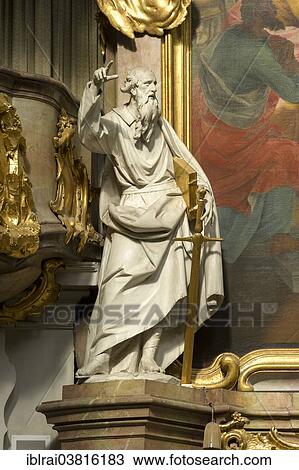 Stock Image - "Figure of the Apostle Paul, by Franz Georg Hermann, baroque Church of the Assumption of St. Mary, Ettal Abbey, Ettal, Upper Bavaria, Bavaria, Germany, Europe". Fotosearch