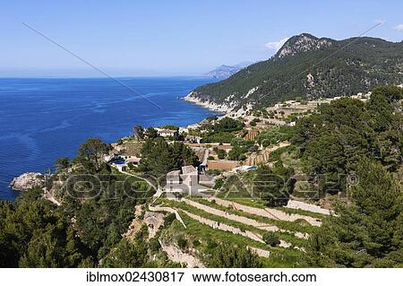Stock Photo - "Finca in a terraced area near Banyalbufar, Serra de Tramuntana, Northwestern Coast, Mallorca, Balearic Islands, Mediterranean Sea, Spain, Europe". Fotosearch