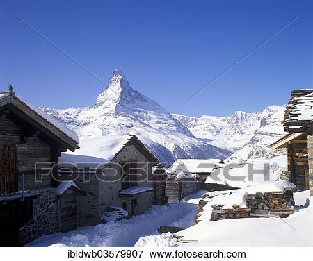 Stock Photo - "Findeln hamlet with Mt Matterhorn at back, Findeln, Canton of Valais, Switzerland, Europe". Fotosearch