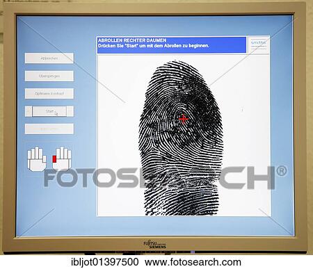 Stock Image - "Fingerprints and handprints being recorded by digital scanner, physical identification of a suspect in a criminal investigation by the Criminal Investigation Department, re-enacted scene". Fotosearch