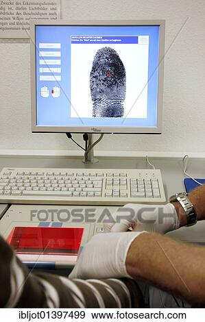 "Fingerprints and handprints being recorded by digital scanner, physical identification of a suspect in a criminal investigation by the Criminal Investigation Department, re-enacted scene" View Large Photo Image Stock Photo - "Fingerprints and handprints being recorded by digital scanner, physical identification of a suspect in a criminal investigation by the Criminal Investigation Department, re-enacted scene". Fotosearch