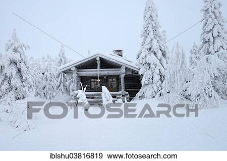 Stock Photo - "Finnish log cabin in the snow-covered landscape, Iso Syote, Lapland, Finland, Europe". Fotosearch