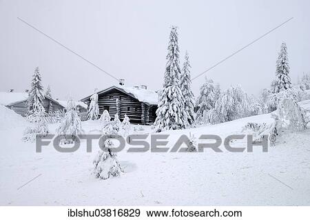 Stock Photo - "Finnish log cabin in the snow-covered landscape, Iso Syote, Lapland, Finland, Europe". Fotosearch