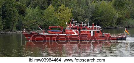Picture - "Fire Boat, Media Harbour, Dusseldorf, North Rhine-Westphalia, Germany, Europe". Fotosearch