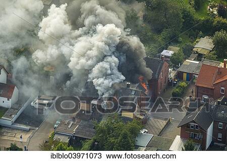 "Fire in a pithead building, Gustavstrasse street, aerial, Bonen, Ruhr district, North Rhine-Westphalia, Germany, Europe" View Large Photo Image Stock Image - "Fire in a pithead building, Gustavstrasse street, aerial, Bonen, Ruhr district, North Rhine-Westphalia, Germany, Europe". Fotosearch