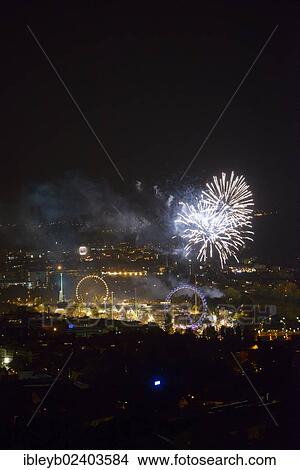 Picture - "Fireworks on the last evening of the 167th Cannstatter Volksfest festival, Cannstatter Wasen festival area, Bad Cannstatt, Stuttgart, Baden-Wuerttemberg, Germany, Europe". Fotosearch