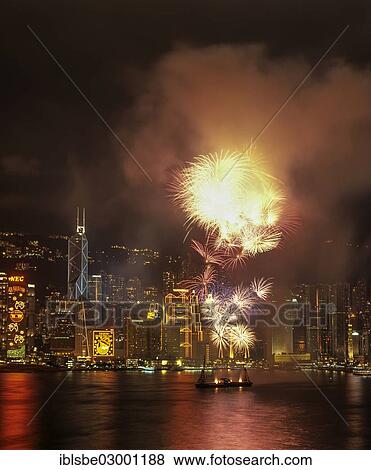 Stock Photo - "Fireworks over the skyline of Victoria Island, view from Kowloon, night scene, Central District, Hong Kong, Hong Kong Island, Hong kong, China, People's Republic of China, Asia". Fotosearch