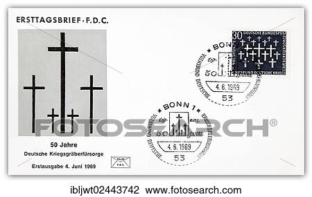 Stock Image - "First day cover, 50 years of the German War Graves Commission, Germany, 4th June 1969, Europe". Fotosearch