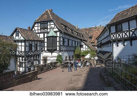 Stock Image - "First yard of the Wartburg castle, half-timbered house with the Lutherstube, where Martin Luther stayed, UNESCO World Heritage Site, Eisenach, Thuringia, Germany, Europe". Fotosearch
