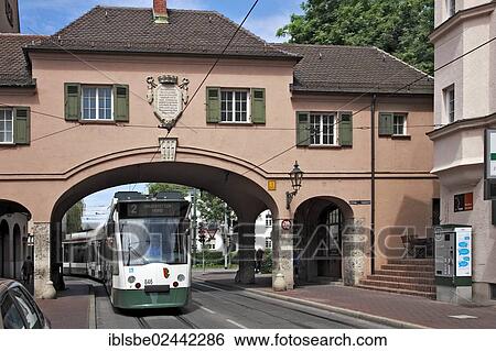 Stock Photograph - "Fischertor, Fisherman's Gate, tram, Augsburg, Swabia, Bavaria, Germany, Europe". Fotosearch