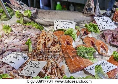 Picture - "Fish and prawns at a market stall, fish market Campo della Pescaria, Venice, Italy, Europe". Fotosearch