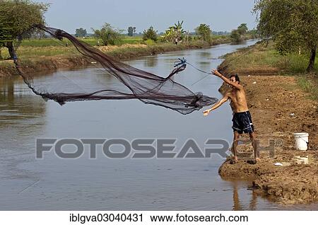 Stock Image - "Fisherman fishing by casting a throw net in a river, Battambang, Battambang, Cambodia, Asia". Fotosearch