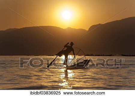 "Fisherman in the evening light, leg rower with a traditional basket on the canoe, sunset at Inle Lake, Shan State, Myanmar, Asia" View Large Photo Image Stock Photography - "Fisherman in the evening light, leg rower with a traditional basket on the canoe, sunset at Inle Lake, Shan State, Myanmar, Asia". Fotosearch