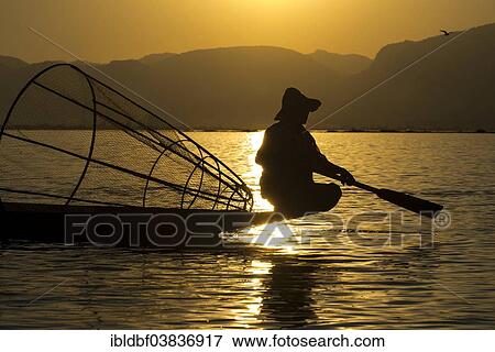 Stock Photo - "Fisherman in the evening light, with a traditional basket, sitting on the canoe, sunset at Inle Lake, Shan State, Myanmar, Asia". Fotosearch