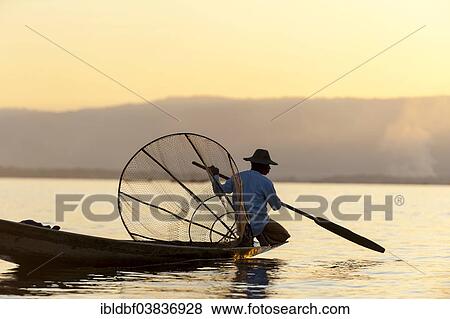 "Fisherman in the evening light, with a traditional basket, sitting on a canoe, sunset at Inle Lake, Shan State, Myanmar, Asia" View Large Photo Image Stock Photo - "Fisherman in the evening light, with a traditional basket, sitting on a canoe, sunset at Inle Lake, Shan State, Myanmar, Asia". Fotosearch