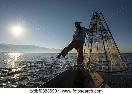 "Fisherman in the morning light, leg rower with a traditional basket on the canoe, at sunrise, Inle Lake, Shan State, Myanmar, Asia" View Large Photo Image Stock Photo - "Fisherman in the morning light, leg rower with a traditional basket on the canoe, at sunrise, Inle Lake, Shan State, Myanmar, Asia". Fotosearch